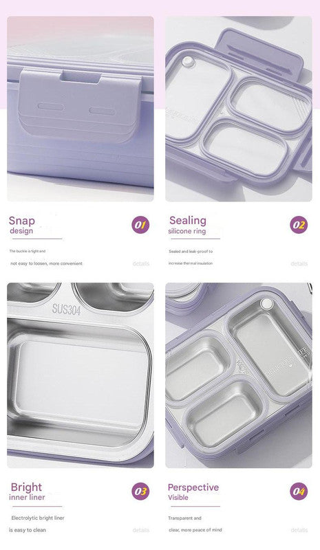 Pink 3-Compartment Stainless Steel Bento Lunch Box - Leak-Proof, for Kids & Adults for School & Office