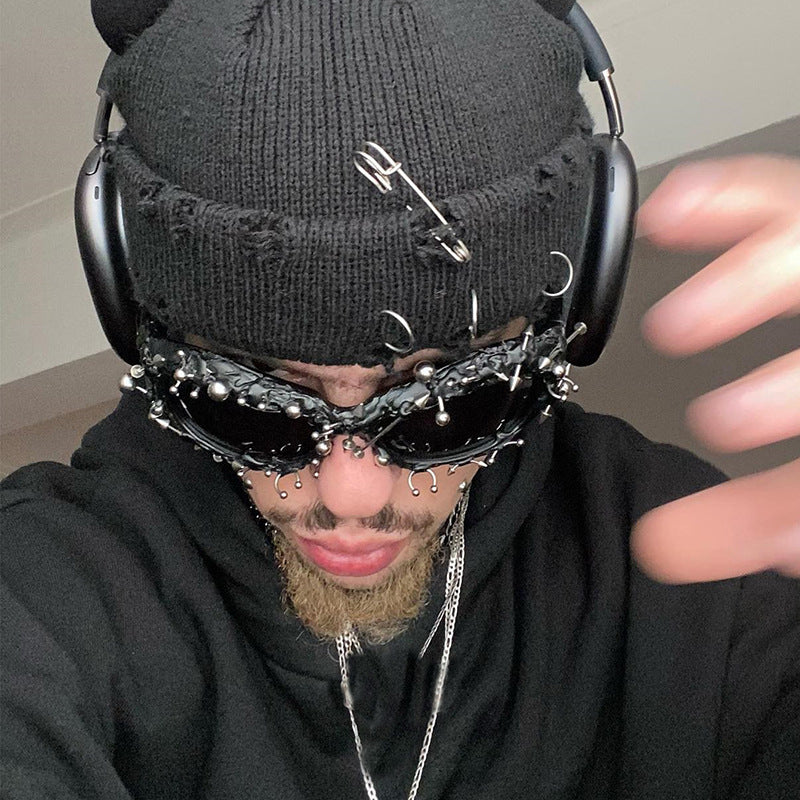 Black Edgy Punk Rock Spiked Sunglasses - Statement Goth Studded Eyewear