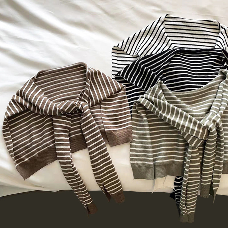 White Chic Striped Knit Tie-Front Shawl - Lightweight Versatile Layering Capelet for Women