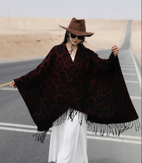 Wine-red Bold Leopard Print Poncho Cape - Women's Warm Oversized Shawl Wrap (130x150cm)