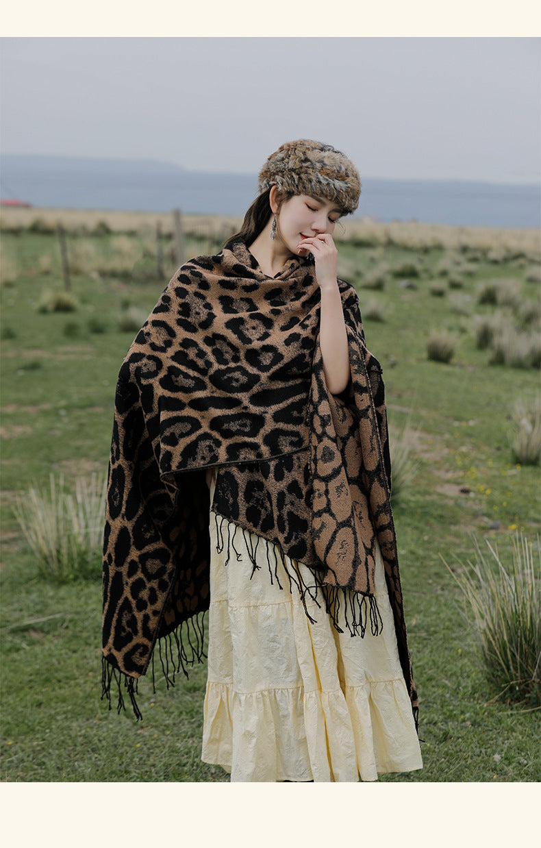 Khaki Bold Leopard Print Poncho Cape - Women's Warm Oversized Shawl Wrap (130x150cm)