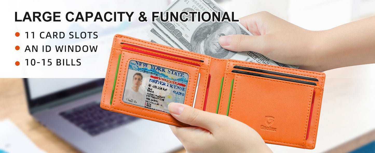 Men's Slim Leather Bifold Wallet - RFID Blocking, 11 Card Slots, ID Window(Carbon Silver)