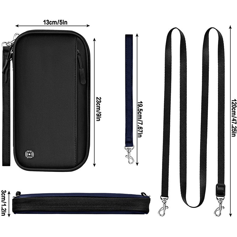 Black RFID Blocking Travel Wallet - Multi-functional Large Capacity Passport Holder & Card Organizer with Adjustable Strap for Men & Women