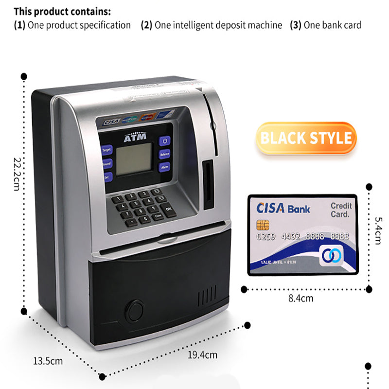 ATM machine with dimensions and a CISA bank card displayed on a white background