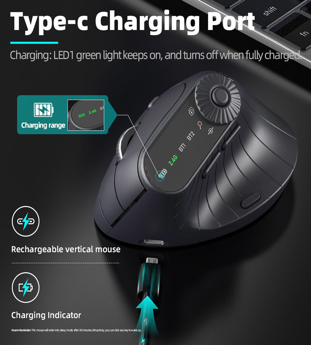 Ergonomic Vertical Mouse - 2.4G/Bluetooth Multi-Mode, LED Display, 57-Degree Angle, & 400mAh Battery(Purple)