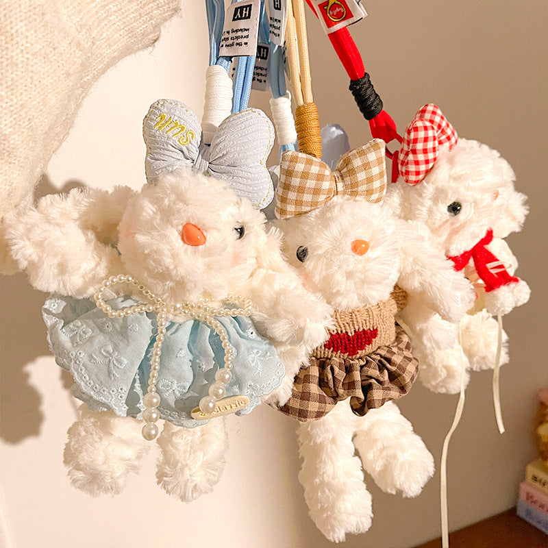 Red Cute Floppy Eared Bunny Plush Doll with Pearl Necklace and Ribbon Dress - Adorable Keychain or Bag Charm for Girls(F-4977)