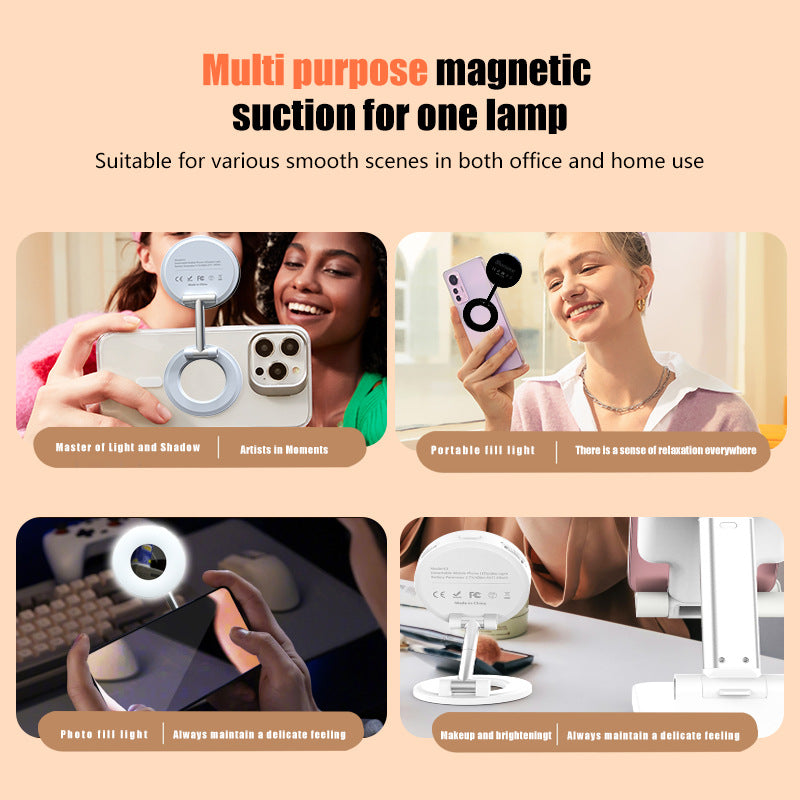 White Magnetic Phone Light & Stand - Rechargeable, Tri-Color, Portable