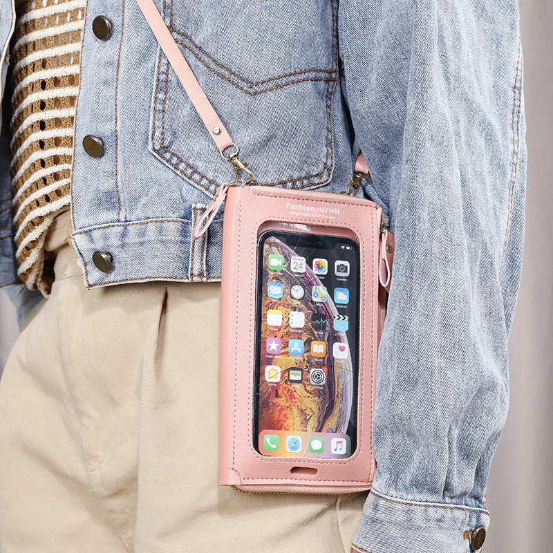 Two-Piece Pink Set Anti-Theft Touch Screen Mini Crossbody Phone Bag for Women (20x11.5x4.5cm) - Multi-functional PU Leather Wallet Pouch