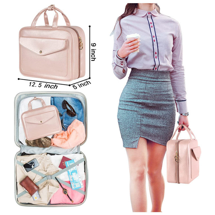 Pink Portable Large Hanging Womens' Luxury PU Leather Cosmetic Bag - Waterproof Travel Toiletry Organizer , Easy Visibility & Durable