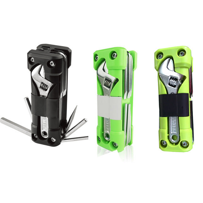 Green Compact 16-in-1 Bicycle & Motorcycle Repair Multi-Tool with Adjustable Wrench & Socket Set