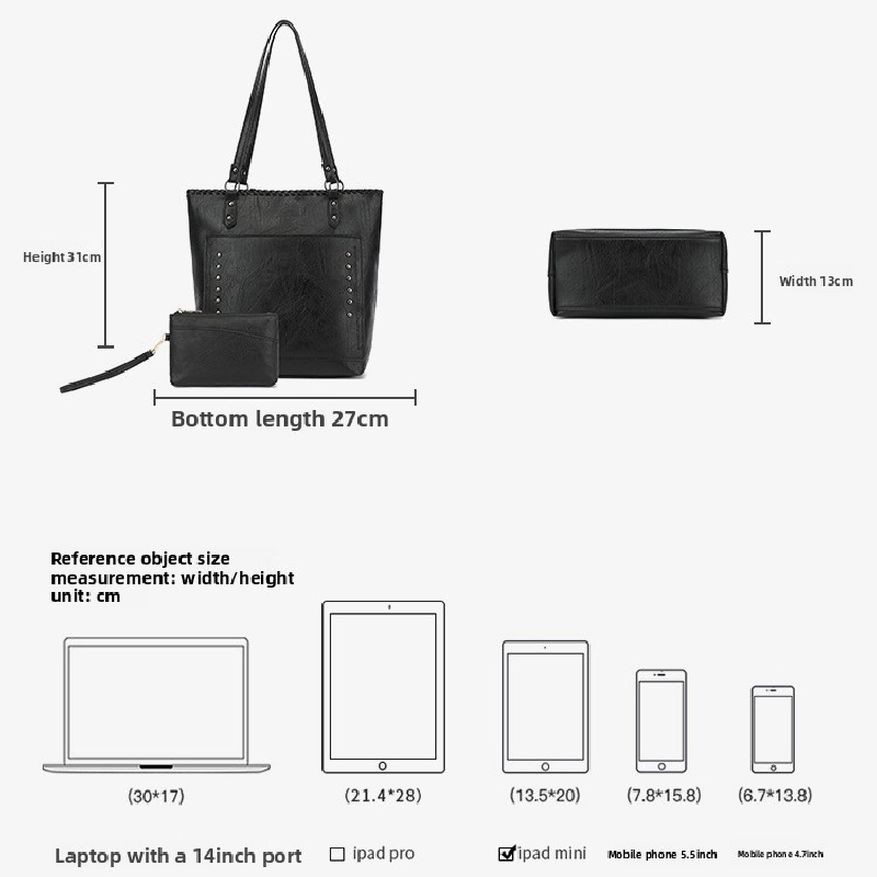 Black Minimalist Large Capacity Tote Bag with Detachable Pouch – Soft PU Leather Shoulder Handbag for Everyday Use