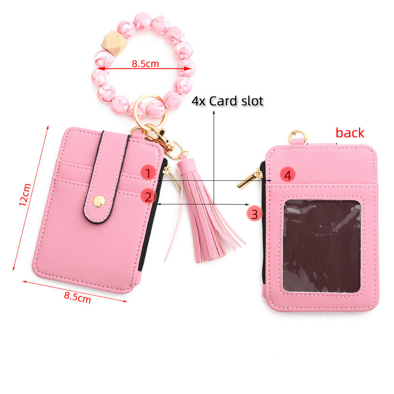 2-PCS Black Silicone Bead Keychain Bracelet Wallet PU Leather ID Card Holder with Tassel Wristlet Bangle for Women