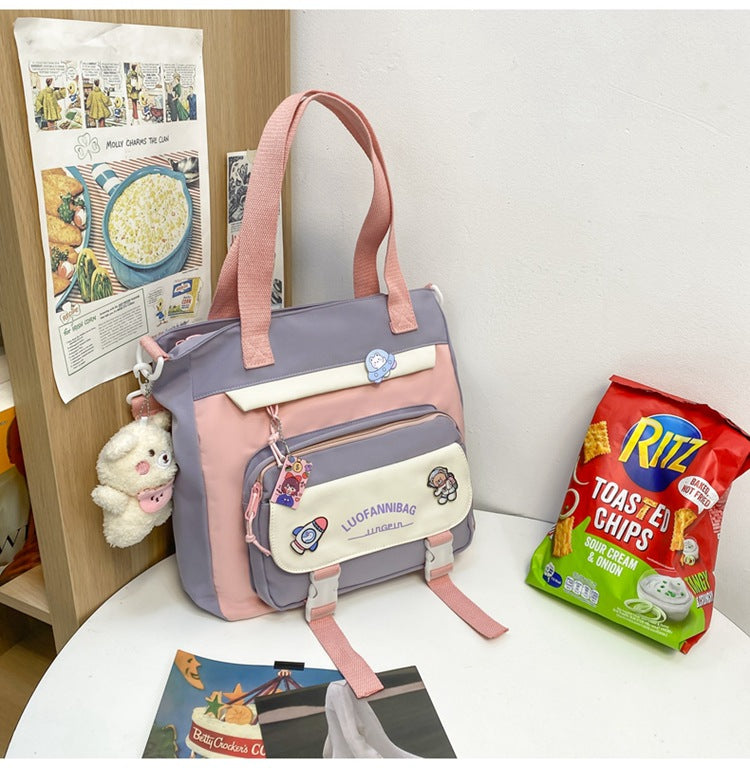 Women's Kawaii Blue Shoulder Bag with Cute Bear Plush Charm and 4 Badges Large Capacity Nylon Tote School Handbag