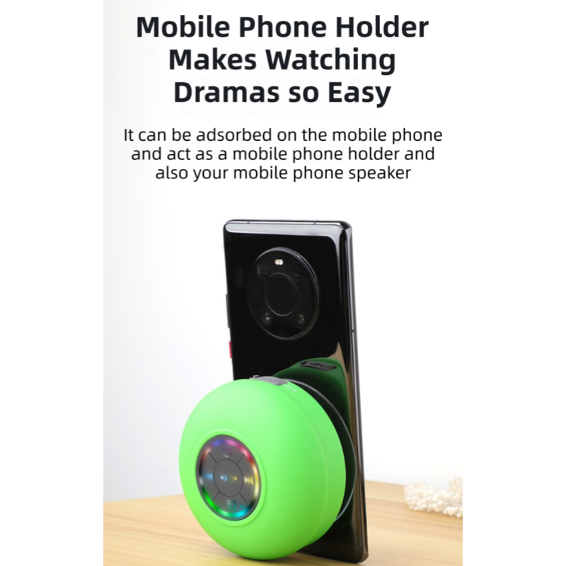 Black IPX4 Waterproof Portable Bluetooth Shower Speaker with Suction Cup & LED Light - Multi-Use As Phone Stand, Built-in Mic for Hands-Free Calling