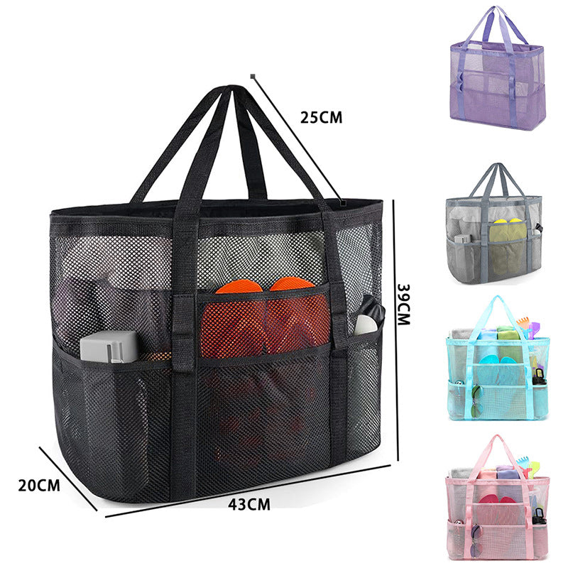 2-PCS Purple Mesh Beach Tote Bag – Large Capacity Swim Gear Organizer with Multiple Pockets for Shoes, Swimsuits, and Essentials