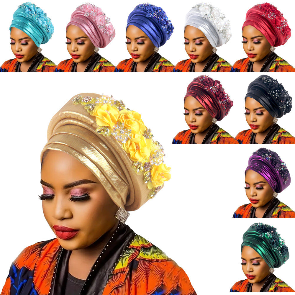 Women's Luxury Silver Turban Hat with Beaded Floral Embellishments Pre-Tied African Style Headwrap for Weddings Parties & Special Occasions