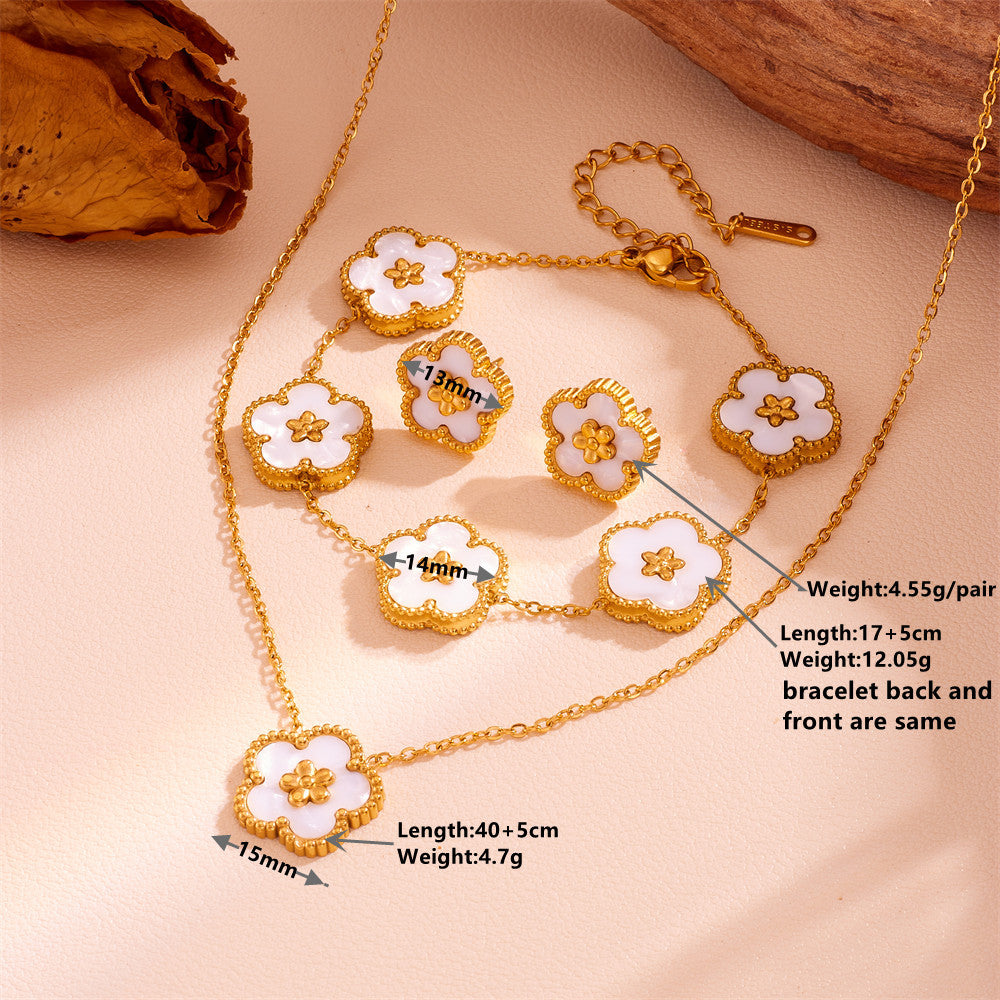 3-Piece Floral Jewellery Set (White Shell Style) - Gold Plated Stainless Steel 5-Petal Flower Necklace, Bracelet & Earrings - Tarnish Free & Hypoallergenic Gift for Women