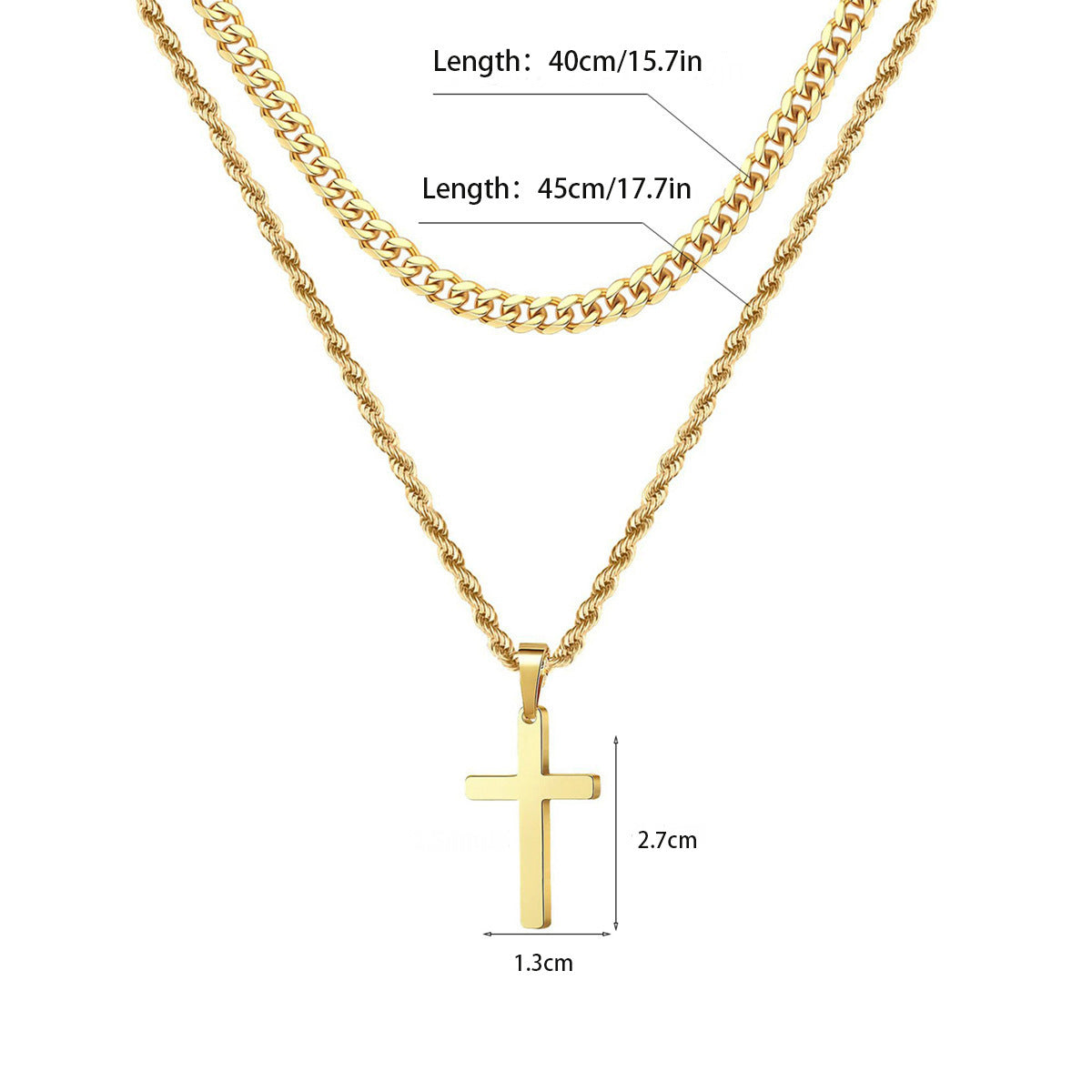 Double Layer Silver Tone Cross Pendant Necklace Set Cuban Link & Rope Chain 40-45cm Layered Fashion Jewellery