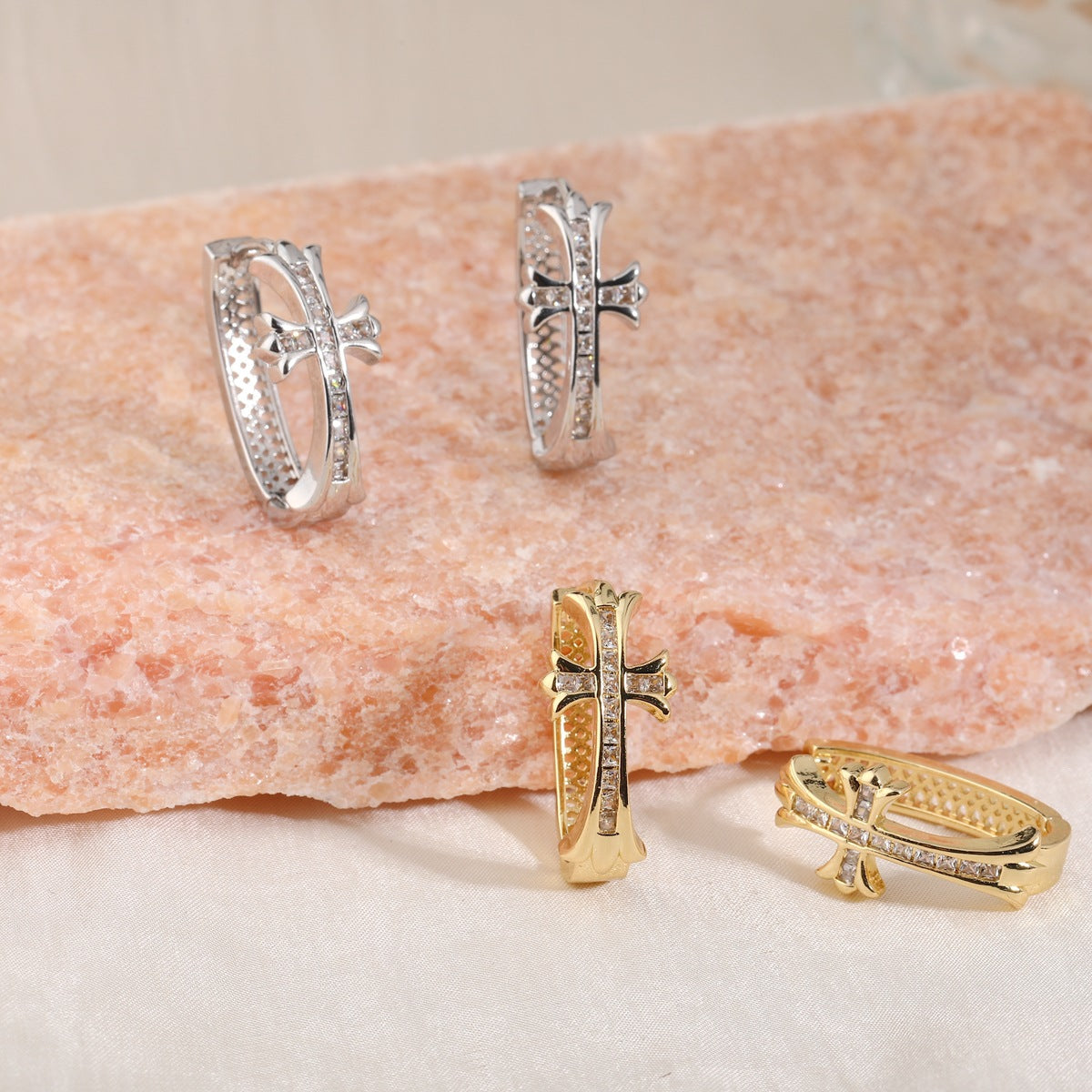 2-Pair Gold Sparkling Iced Out Rhinestone Cross Hoop Earrings - Punk Elegance Ear Buckle for Women