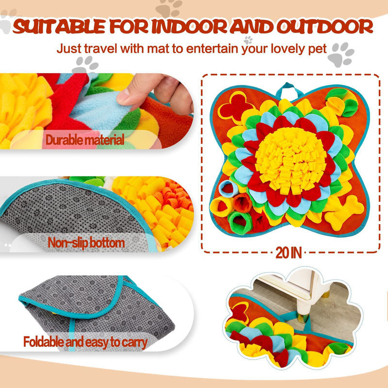 Red 50x50CM Soft Dog Sniffing Mat with Colorful Floral & Bone - Pet Stress Relief & Slow Feeding Mat & Enrichment Blanket