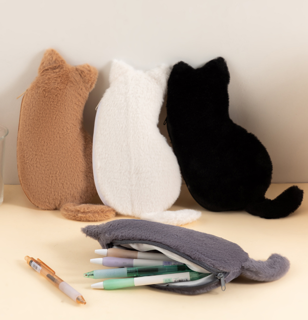 White 3-Pack Adorable Plush Cat Pencil Case Set - Large Capacity Kawaii Kitty Shape Stationery Pouch for School, Office and Students