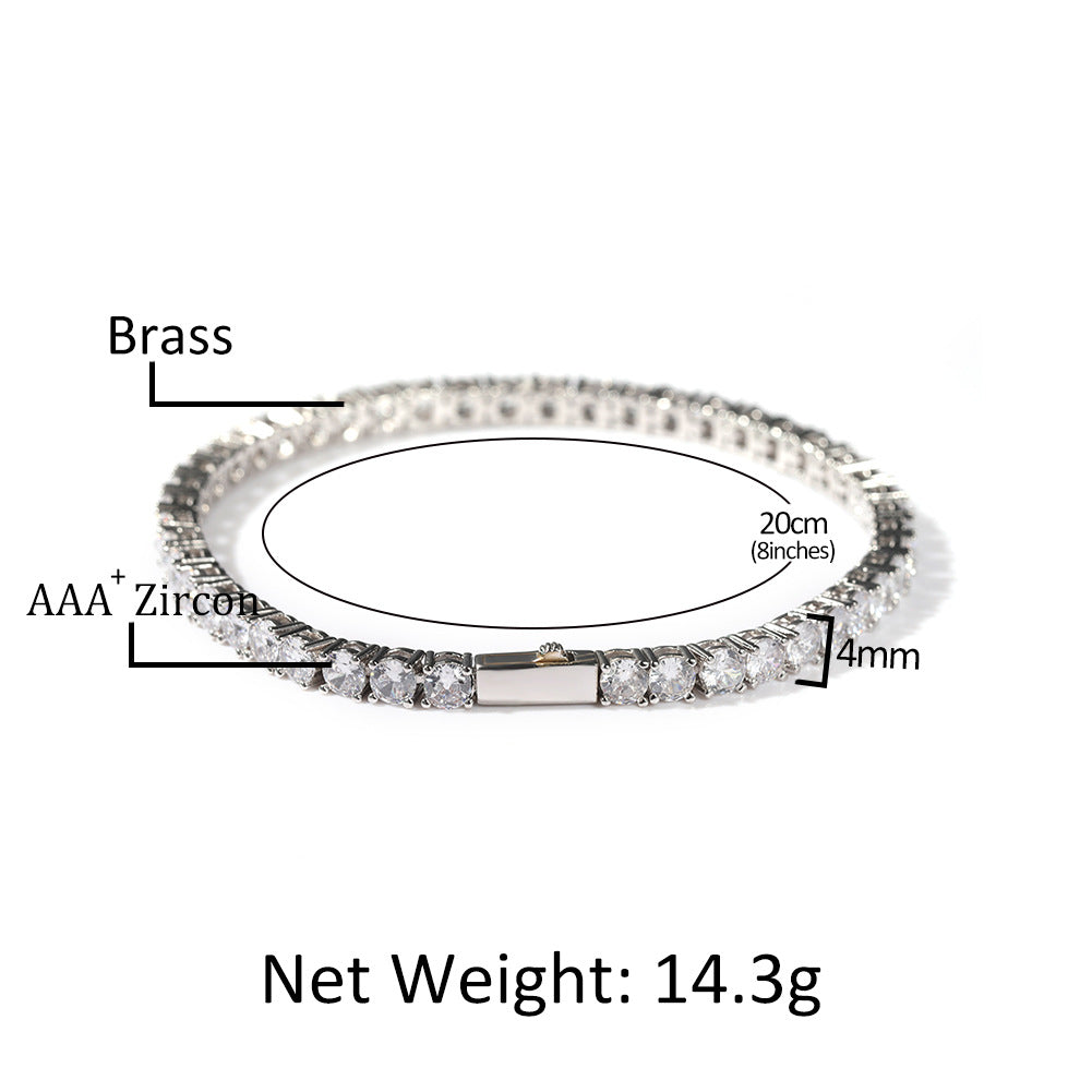 Gold Single-Row Zircon Bracelet – 4mm Wide, Brass Base with Secure Clasp, AAA+ Stones for Everyday Wear