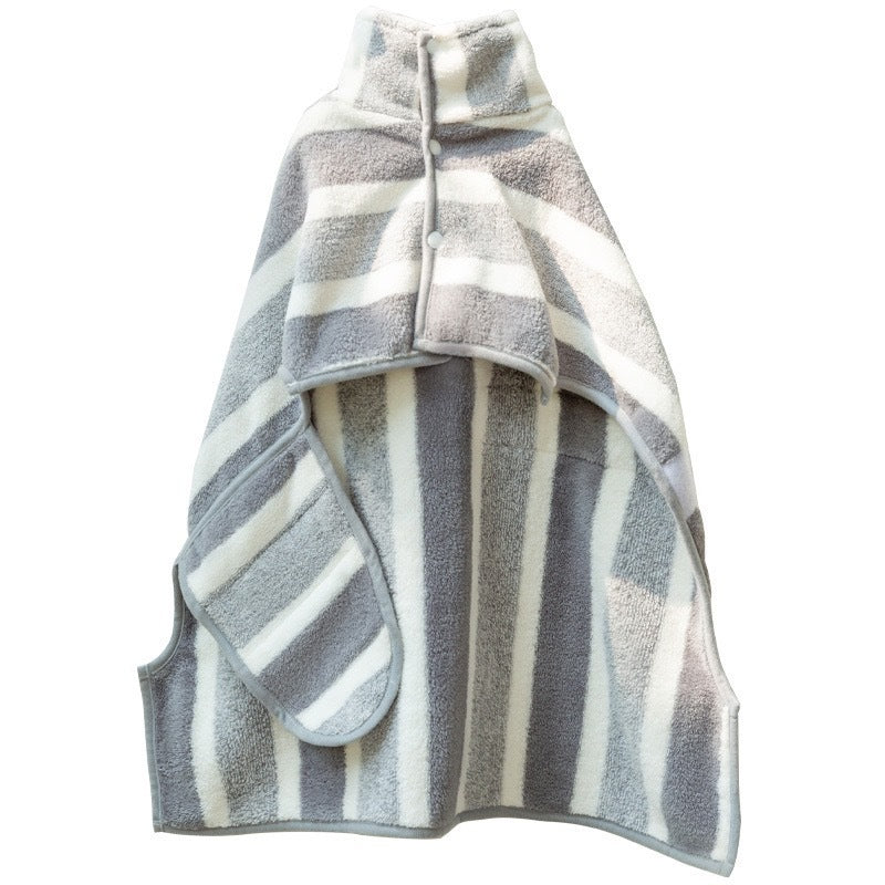 Grey Stripes Super Absorbent Pet Bathrobe with Waist Belt & Neck Snap - Full Coverage Quick-Drying Towel for Dogs & Cats (M Size)