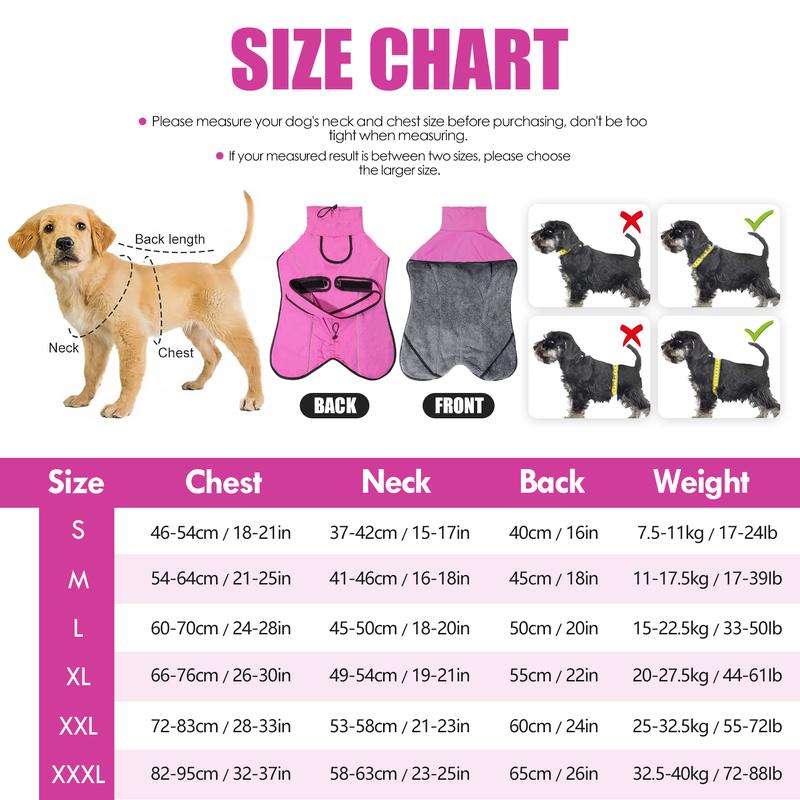 3XL Size Rose Red Winter Waterproof Dog Puffer Vest with Adjustable Neckline / Belt and Leash Access - Reflective Long-Pile Fleece Lined Warm Cloak