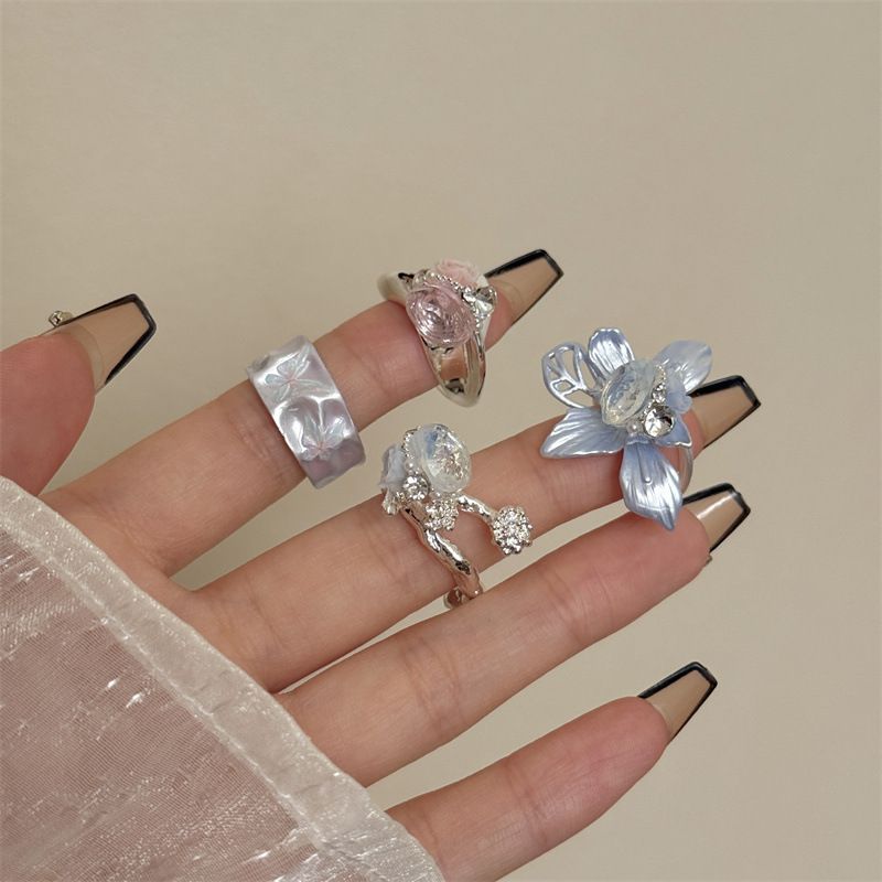 Vintage Camellia Handmade Enamel Wide Metal Ring C with Zirconia Accents - French Style Stackable Floral Band for Women