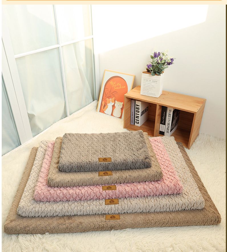 Pink L size Pet Dog Bed Mat - Plush Short Fur Cover with Wave Foam Padding - Washable Removable Cover, Non-Slip Base, Warm Winter Cushion for Dogs and Cats, Multiple Sizes