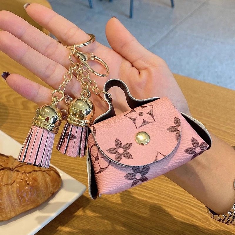 cream-coloured Cute Mini PU Leather Coin Pouch with Tassel Keychain - Printed Pattern Earphone Holder, Small Key Bag for Women, Lightweight Everyday Accessory