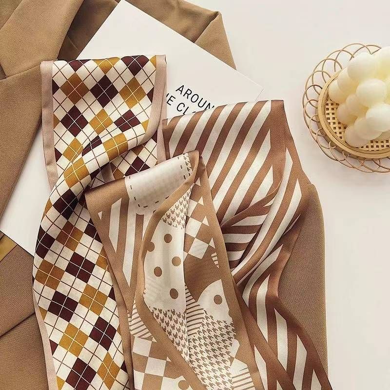 2-piece Coffee Geometric and Diamond Grid French Style Long Silk Scarf - Coffee Print - Versatile Skinny Neck Ribbon, Hair Tie, Bag Handle Accessory, Elegant Office Wear, Lightweight Polyester