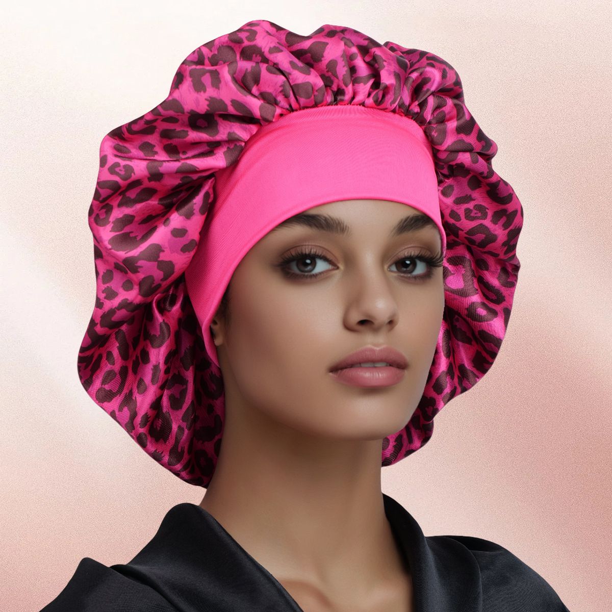 Leo -Rose Red Leopard Print Satin Sleep Bonnet - Large Size Hair Protection Cap with Elastic Band, Soft Lined for Curly Hair, Night Wear and Spa Use