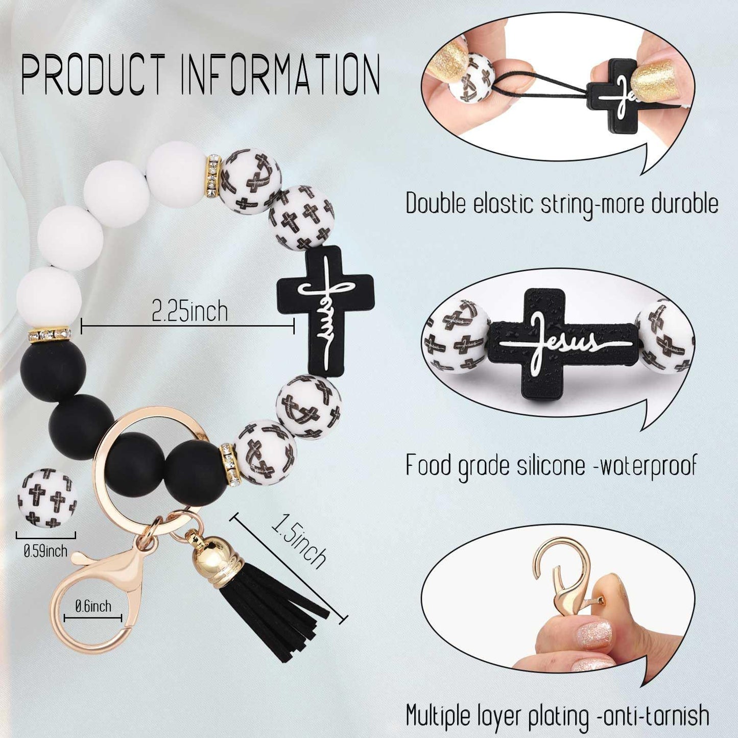 Black and White Silicone Bead Keychain with Cross Charm, Rhinestone Ring &short Tassel - Religious Silicone Beaded Key Ring, Lightweight & Durable