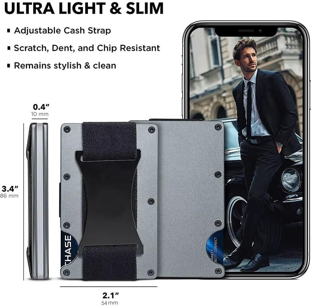 Black Slim RFID Blocking Aluminum Card Holder - Metal Wallet with Cash Strap Minimalist Card Case