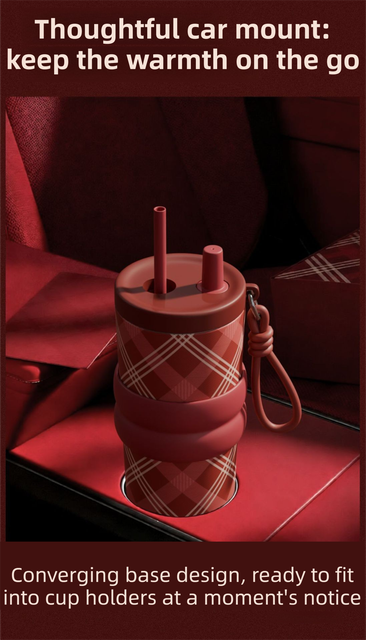 Red British Equestrian Plaid 710ML Insulated Travel Mug with Dual-Drink Lid, Straw & Straw Cap - Ceramic Liner Car Coffee Tumbler with Tea Water Separator Ball and Matching Protective Sleeve (Delux Gift Box)