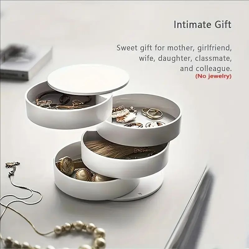 2-Pack 4-Tier Rotating Jewelry Organizer Box with Adjustable Mirror & Diamond Cut Design – Compact 360° Swivel Earring Stud Necklace Storage Box for Vanity Countertop, 10 x 10cm, White