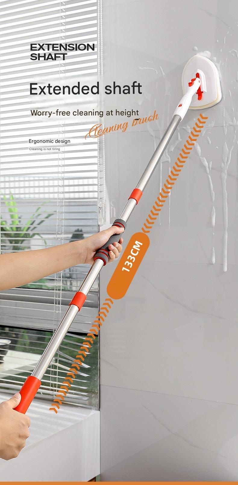 6-piece(Three-section pole+stiff brush+base plate+microfiber cloth + scouring pad+ squeegee) Long Handle Bathroom Floor Scrub Brush - 180° Rotating Angle, Stainless Steel Pole, Corner Cleaning Design for Tiles, Grout, Bathtub, Shower - Heavy Duty Cleanin
