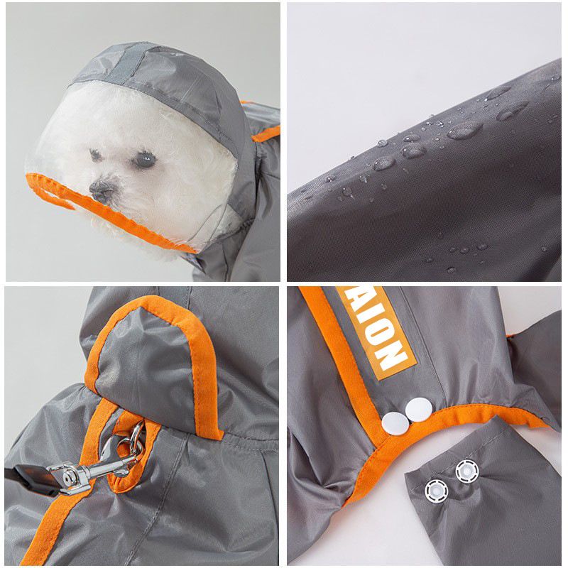 Grey and Green S size Dog Raincoat with Leash Access and Transparent Hood - Waterproof Full Body Pet Rain Suit for Small and Medium Dogs, Reflective Trim, Removable Tail Cover, Outdoor Walking Apparel