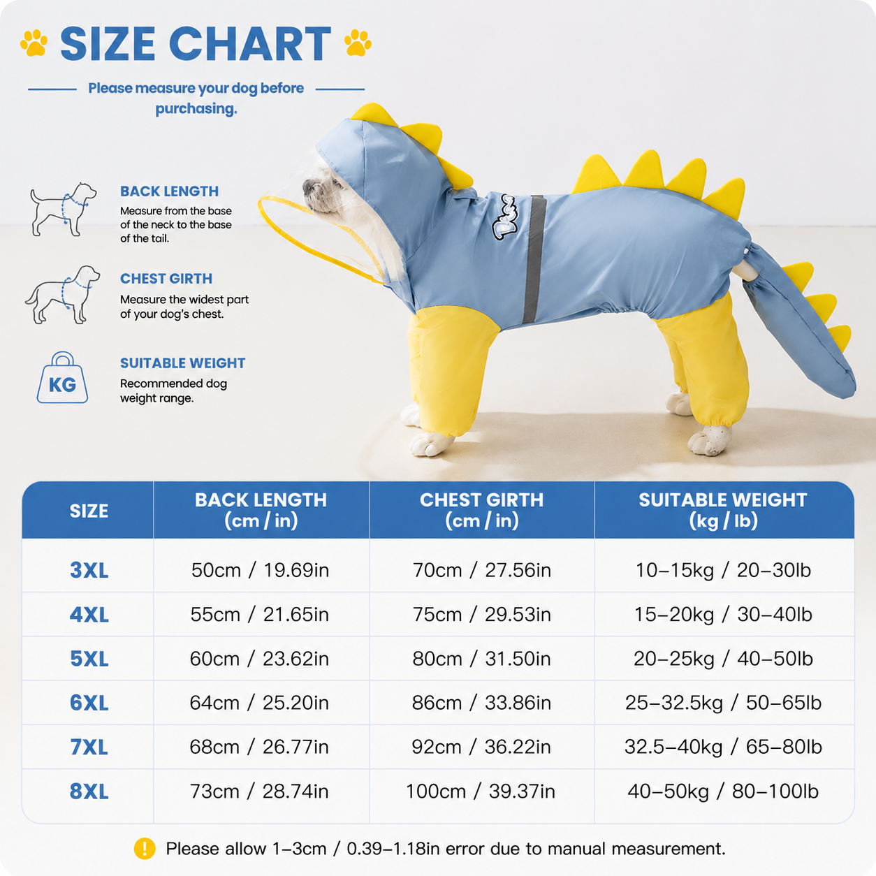 Blue Dog Raincoat Dinosaur Hooded Waterproof Jacket 5XL Size with Leash Hole Removable Tail Cover Full Body Coverage Pet Rain Coat for Outdoor Walking Large Dogs