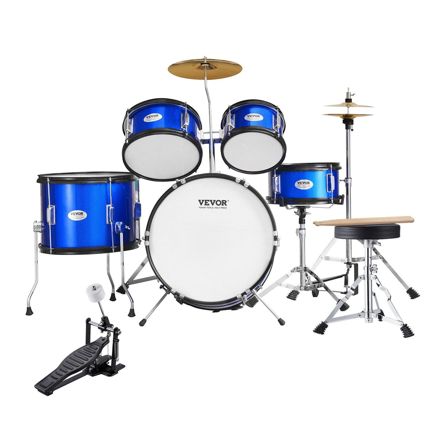 Kids Drum Set, 5-Piece, 406.4 mm Beginner Full Drum Set with Bass Toms Snare Floor Drum Adjustable Throne Cymbal Hi-Hat Pedal and Two Pairs of Drumsticks, Starter Drum Kit for Child Kids, Blue