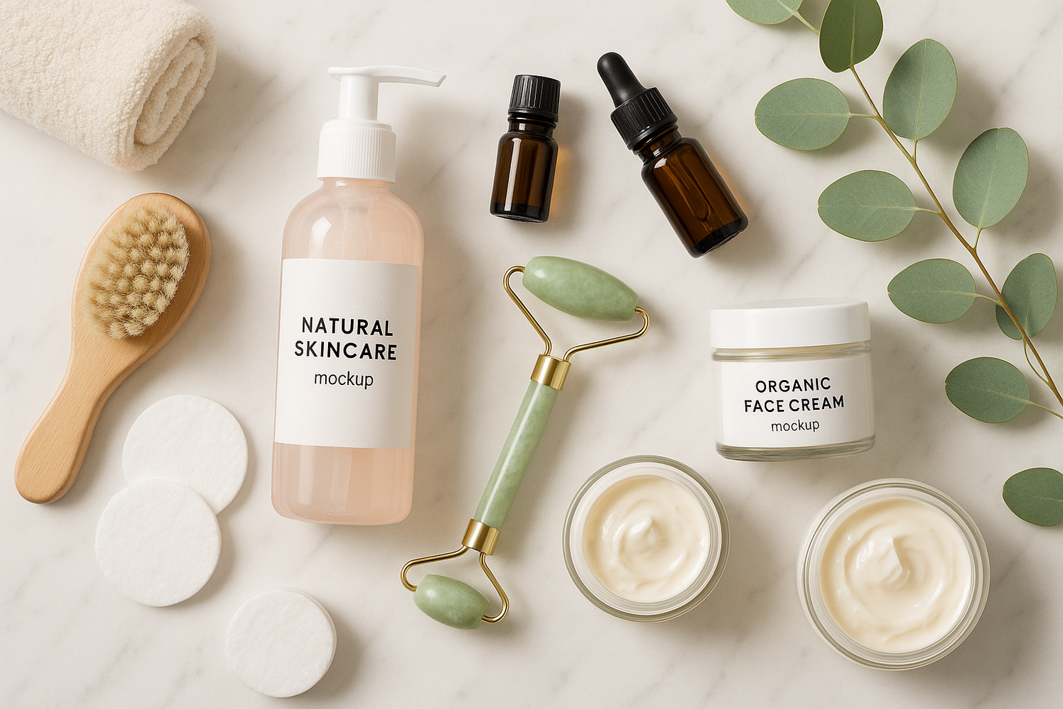 A selection of health and beauty products all set on a white and grey marble surface.