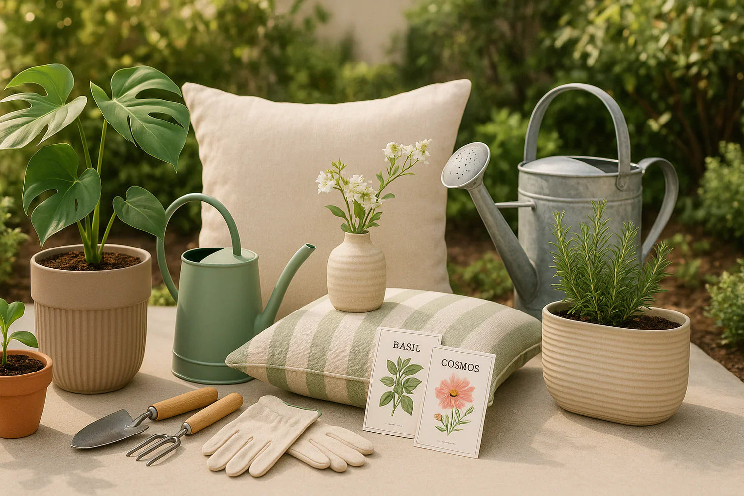 Selection of home and garden products all set on a table with a garden in the background.