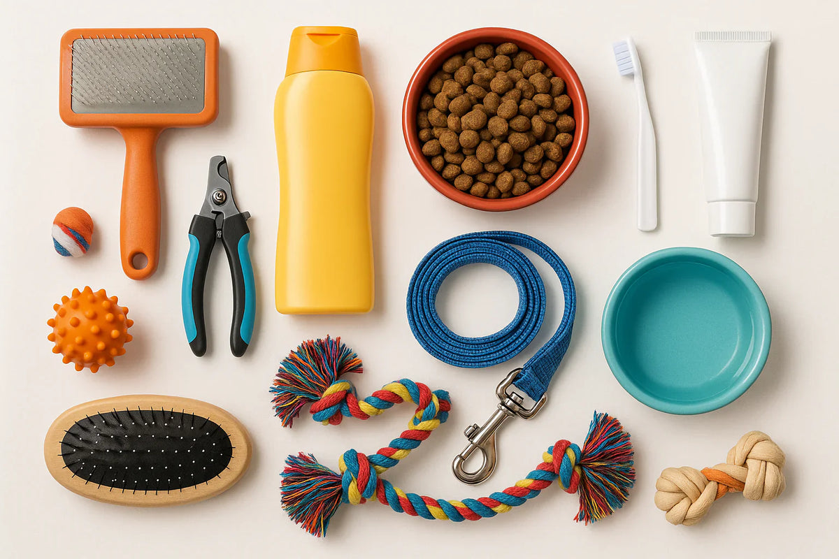 A selection of pet care items including brush, lead, nail clippers, balls, and toys all set on a cream background.