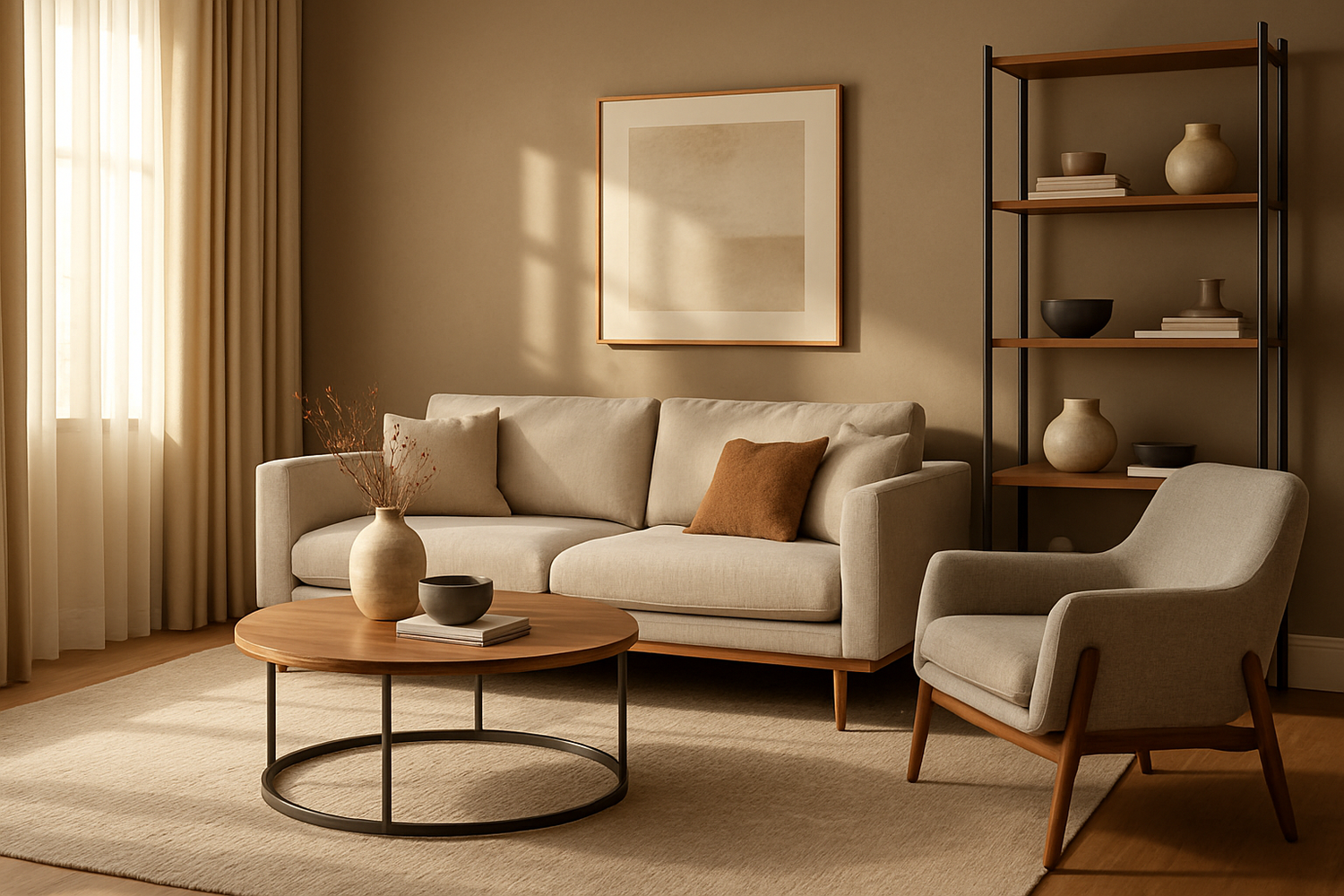 A sitting room showcasing a 2-seater lounge and chair, coffee table, bookcase on a rug all in natural warm colours
