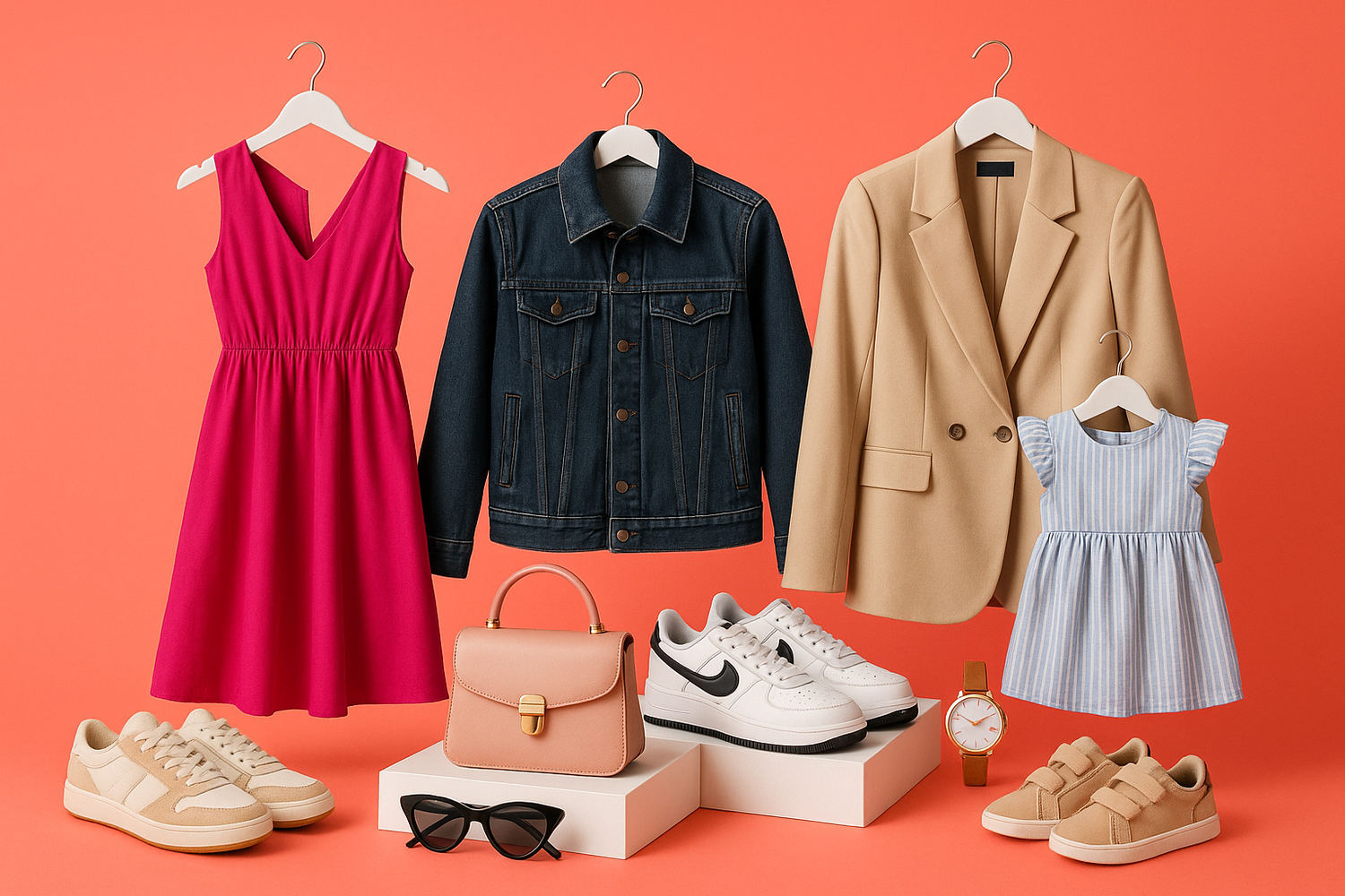 Selection of fashion items for men, women and kids all on an orange background.