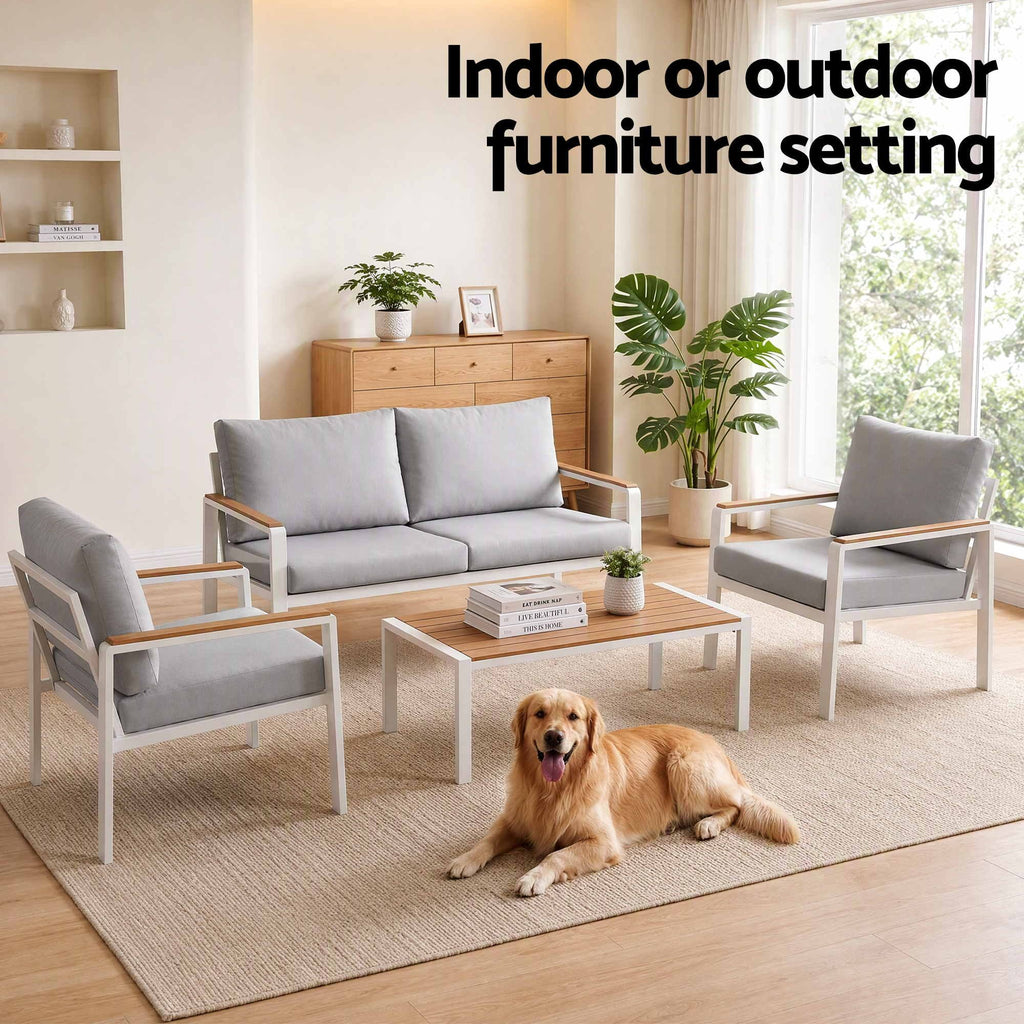 Gardeon 4-Piece Outdoor Sofa Set Aluminum Frame table and Chairs White