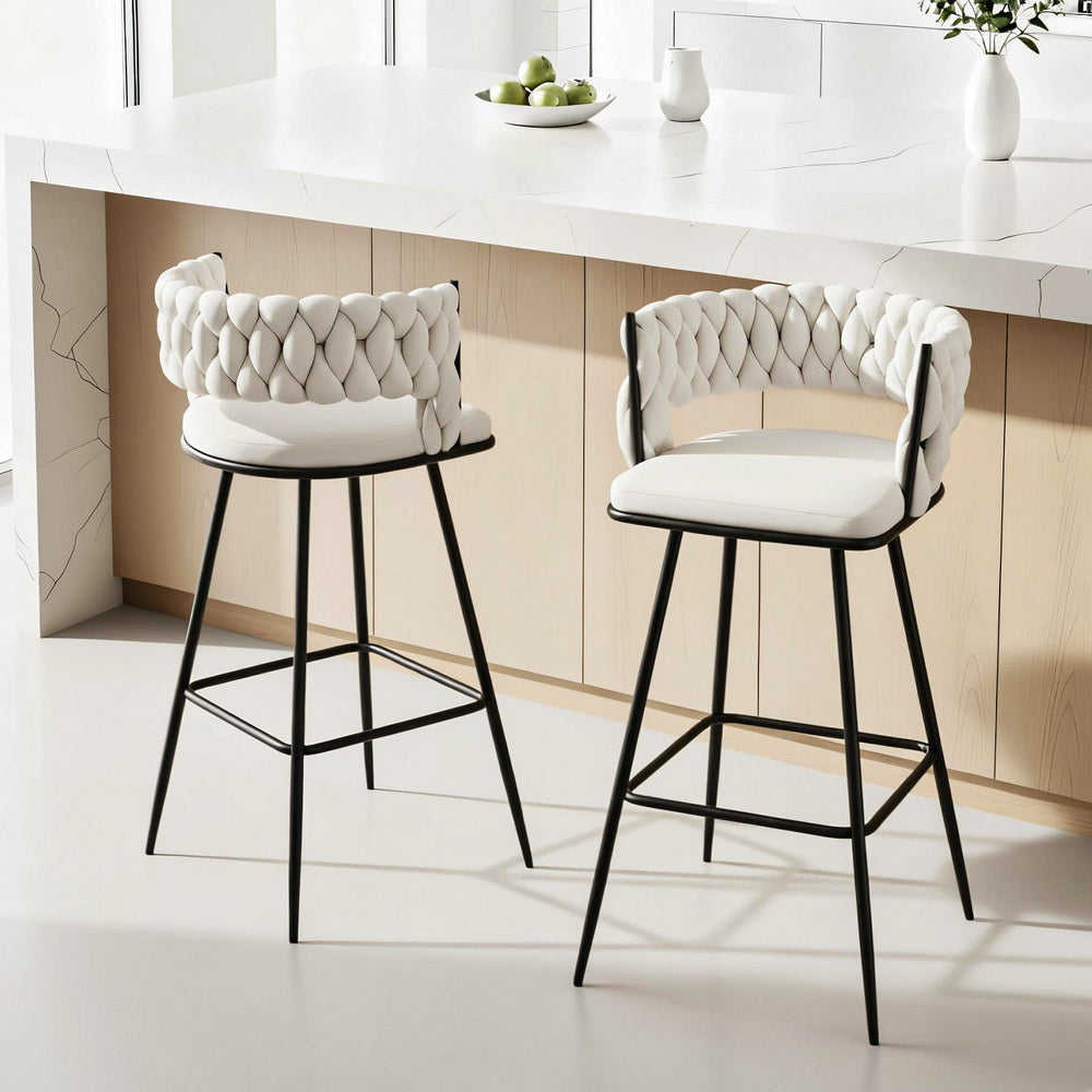 Artiss 2x Bar Stools Kitchen Dining Chair Counter Stool Woven Velvet Metal Ivory