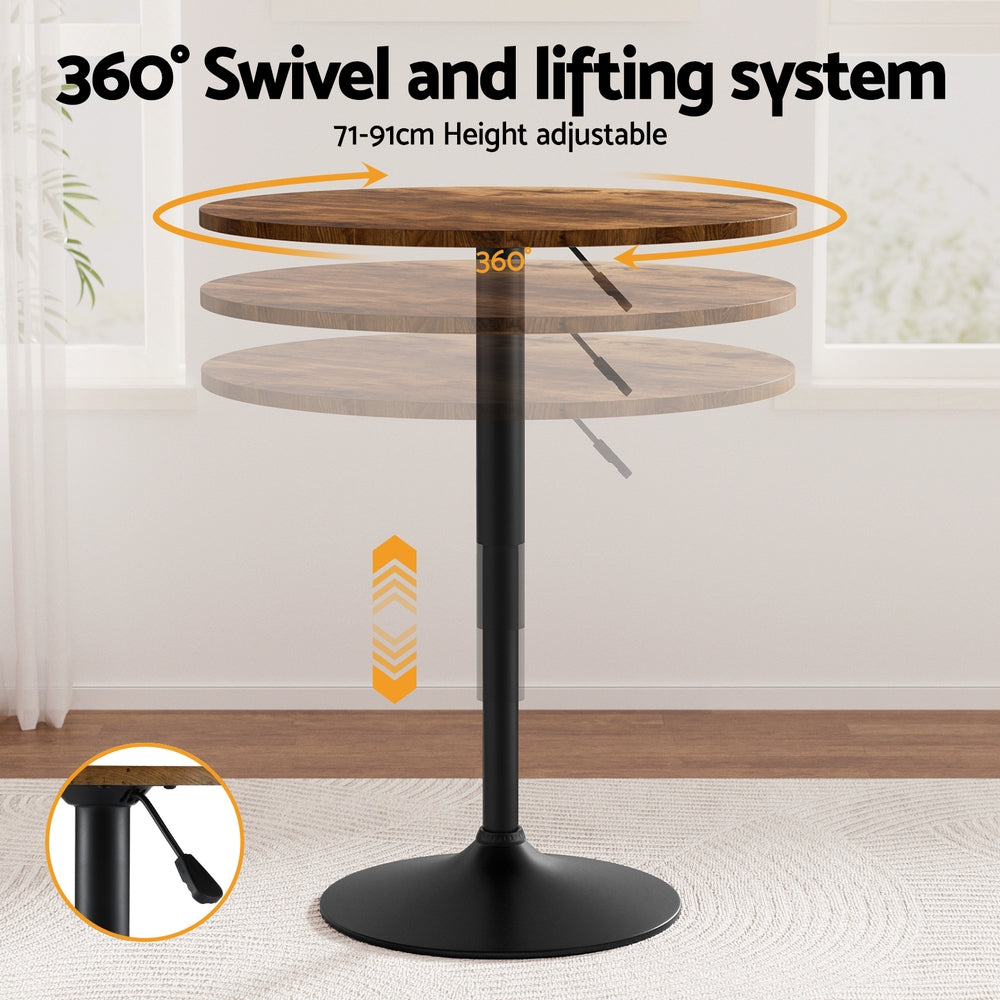 Artiss Height Adjustable Bar Table 360 Swivel Round Gaslift Design 60cm Rustic Brown Black