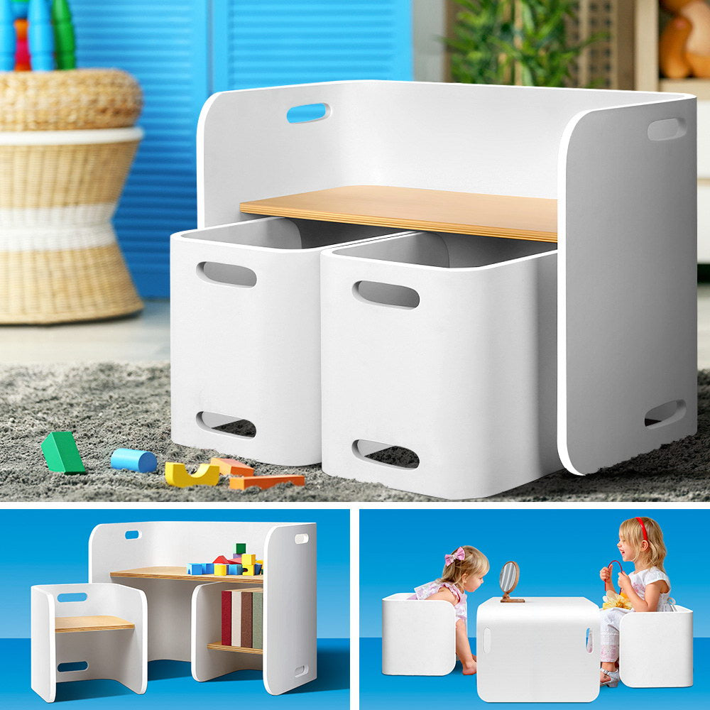 Keezi 3PCS Kids Table and Chairs Set Multifunctional Storage Desk White